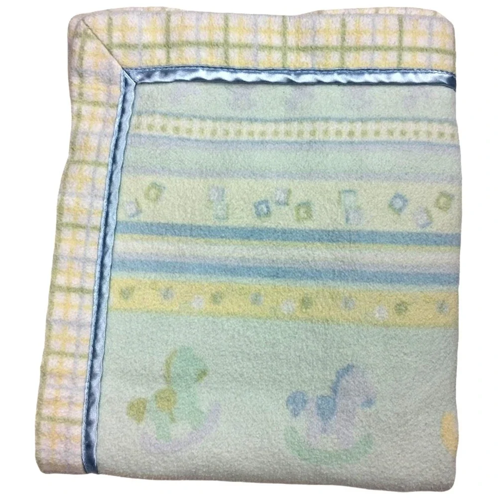 Wamsutta Baby Blue Green Yellow Rocking Horse Blanket Soft Thin Satin Stripes